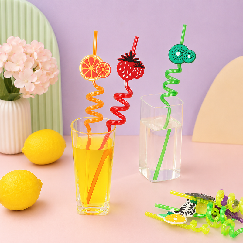 Cute Fruit & Cartoon Spiral Reusable Drinking Straws for Kids