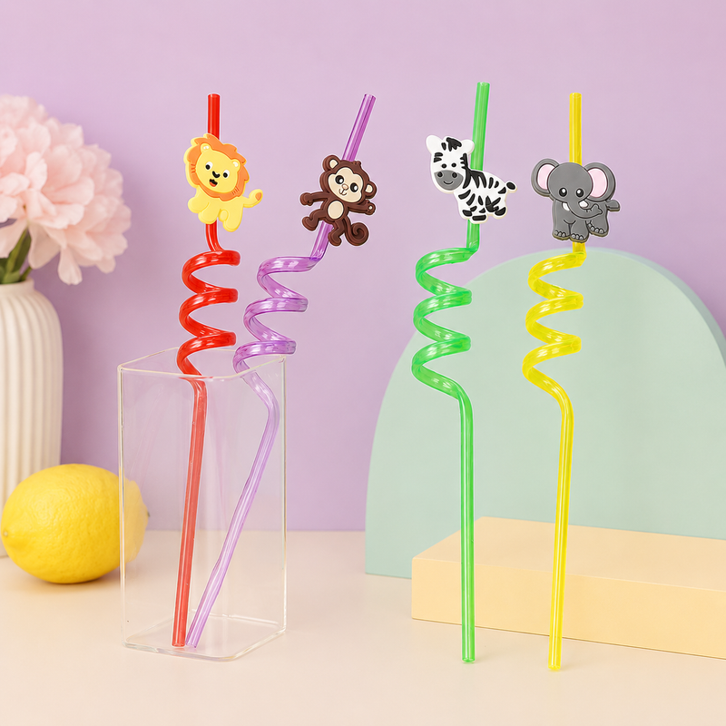 Cute Fruit & Cartoon Spiral Reusable Drinking Straws for Kids