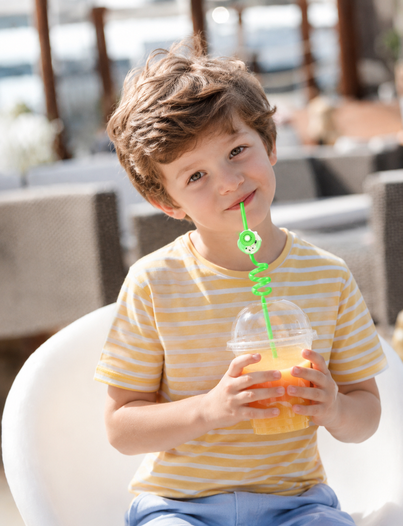 Cute Fruit & Cartoon Spiral Reusable Drinking Straws for Kids
