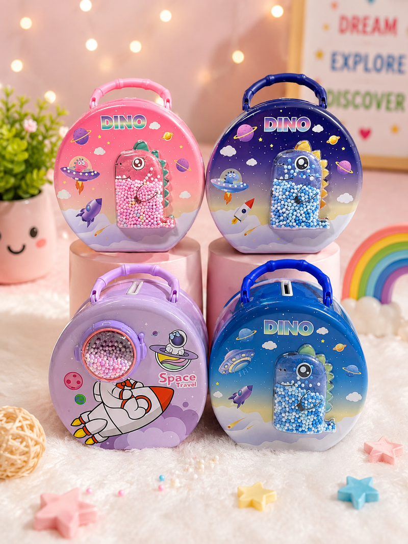 Cute Dino & Space Mini Carry Case for Kids | Coin Bank & Storage Box | Portable Travel Toy