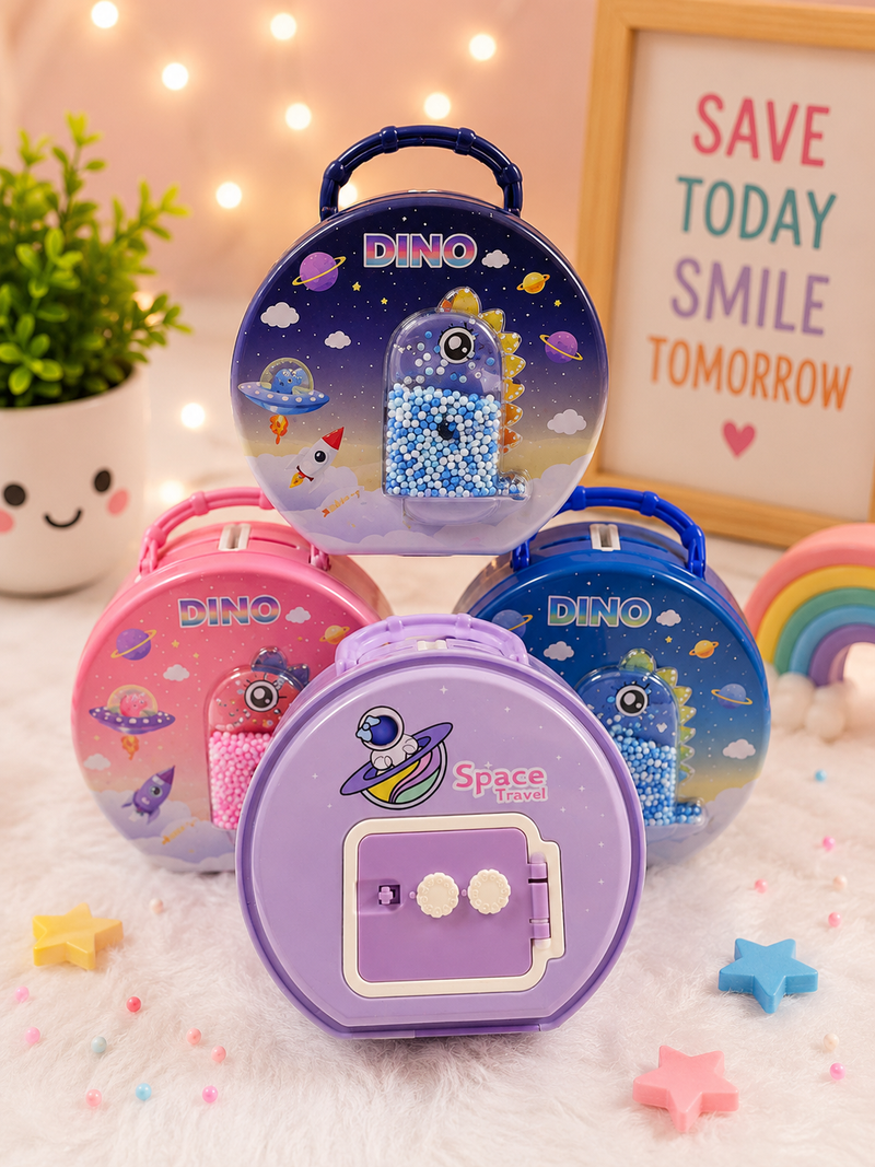 Cute Dino & Space Mini Carry Case for Kids | Coin Bank & Storage Box | Portable Travel Toy