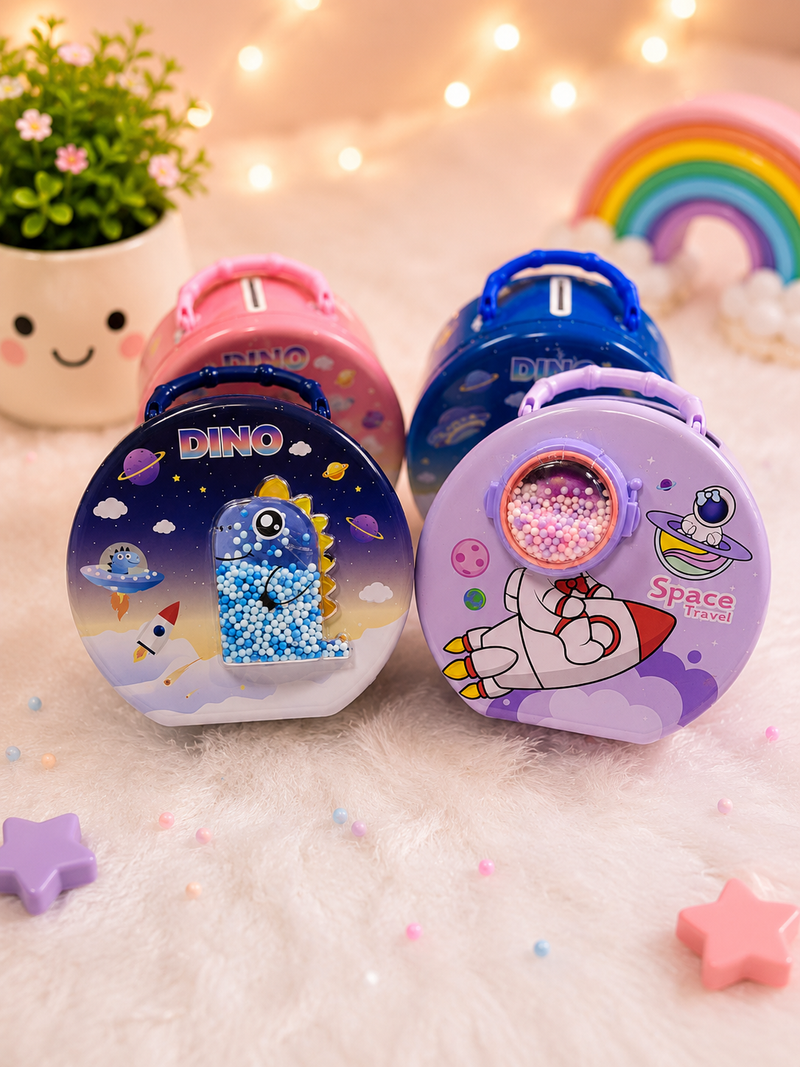 Cute Dino & Space Mini Carry Case for Kids | Coin Bank & Storage Box | Portable Travel Toy