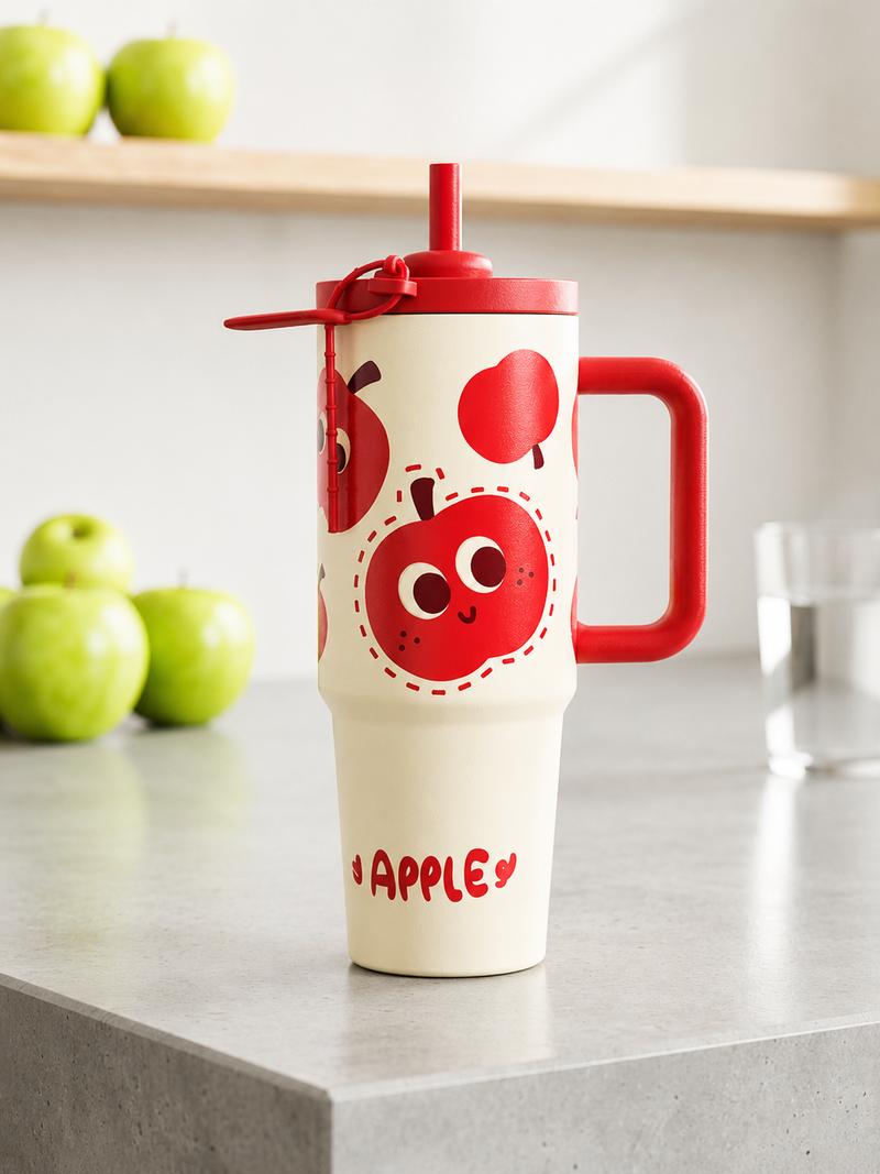 Cute Cartoon Printed Insulated Travel Tumbler with Handle & Straw