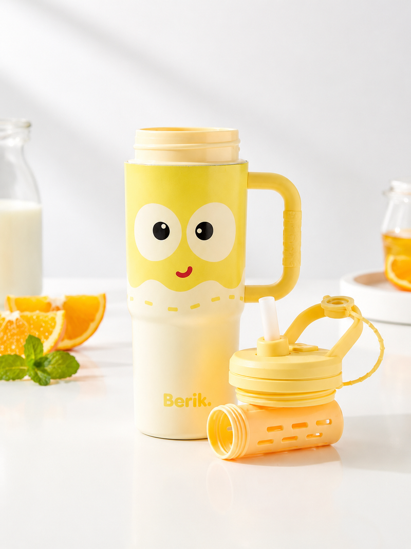 Cute Cartoon Printed Insulated Travel Tumbler with Handle & Straw