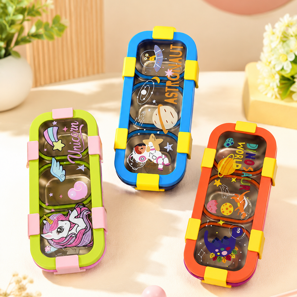Kids Stainless Steel 3 Compartment Lunch Box | Leakproof Bento Lunch Box for School