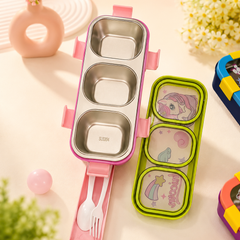 Kids Stainless Steel 3 Compartment Lunch Box | Leakproof Bento Lunch Box for School