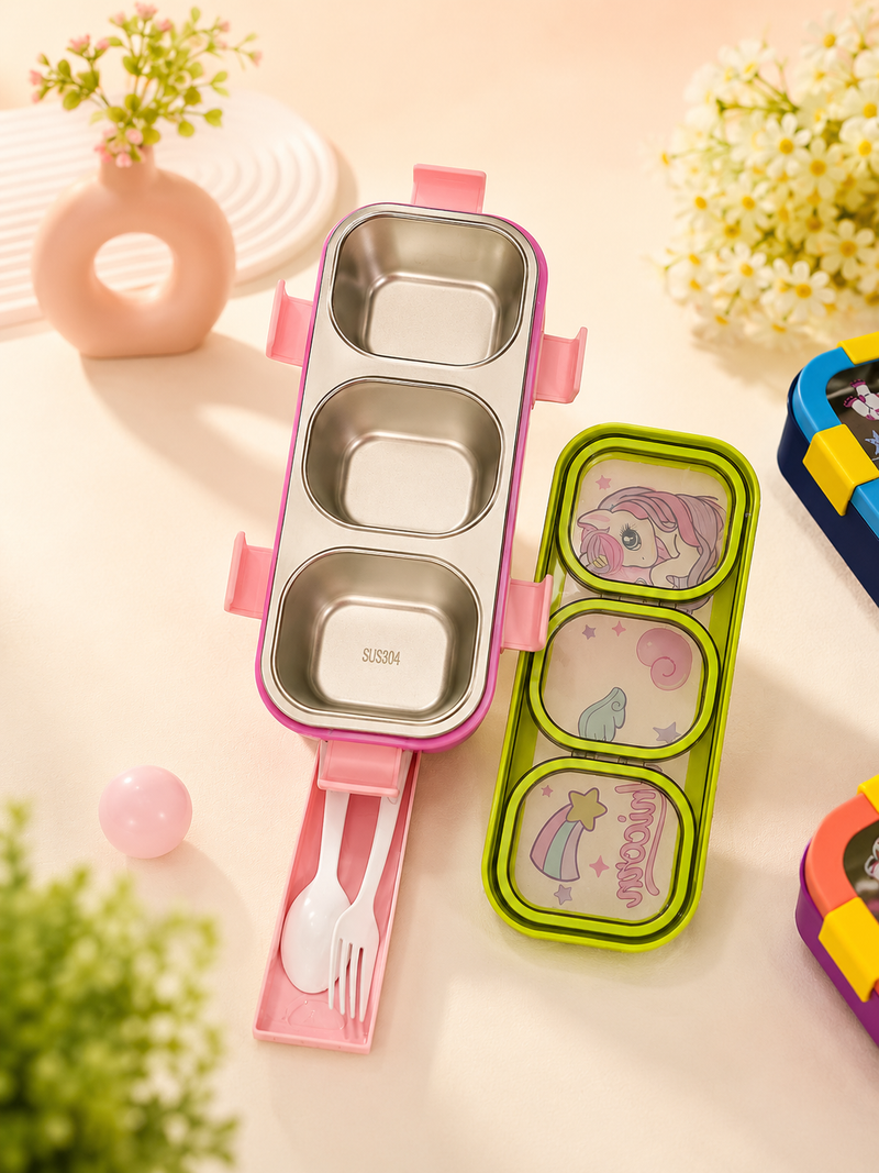 Kids Stainless Steel 3 Compartment Lunch Box | Leakproof Bento Lunch Box for School