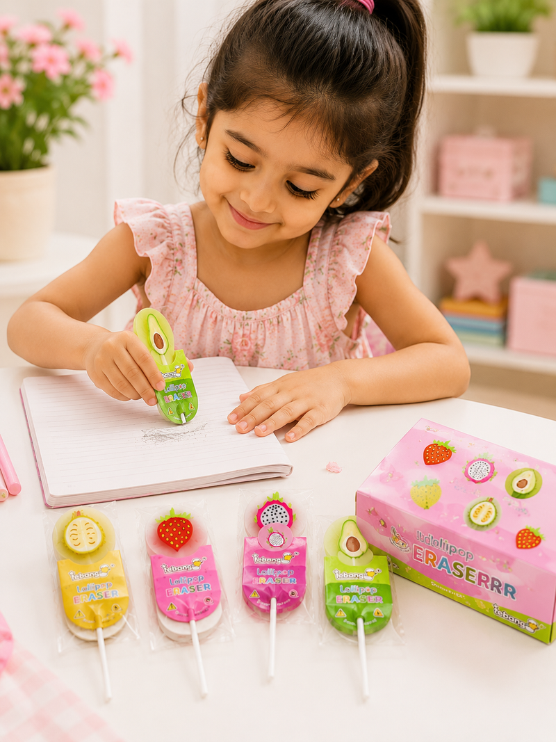 Fruit Lollipop Eraser for Kids – Cute 3D Novelty Pencil Eraser