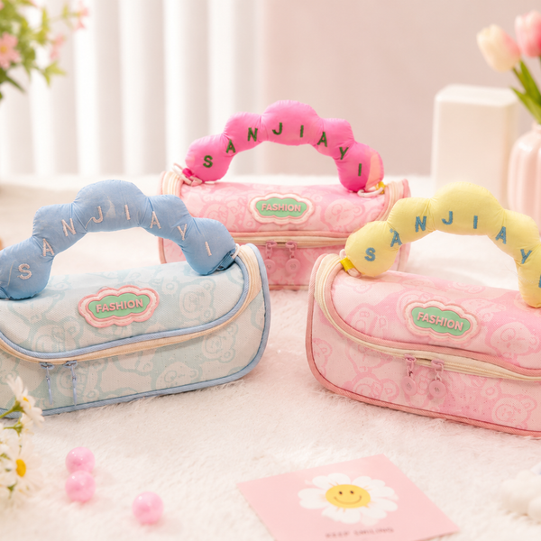Cute Plush Handle Kids Pencil Pouch | Large Capacity Double Zipper Stationery Organizer for Girls & Boys