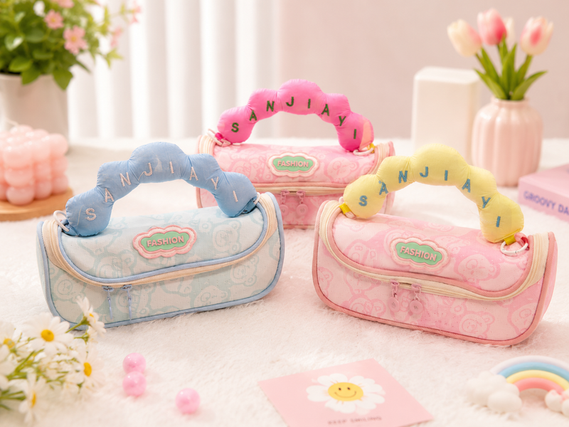 Cute Plush Handle Kids Pencil Pouch | Large Capacity Double Zipper Stationery Organizer for Girls & Boys