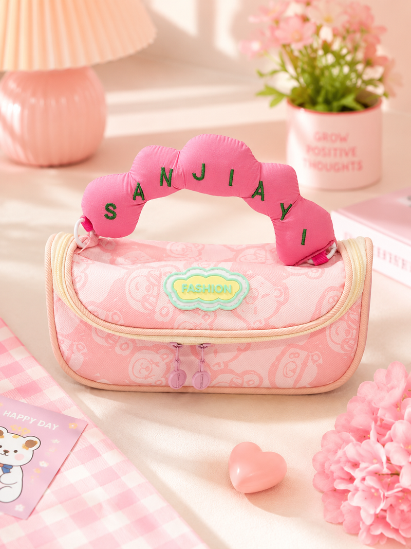 Cute Plush Handle Kids Pencil Pouch | Large Capacity Double Zipper Stationery Organizer for Girls & Boys