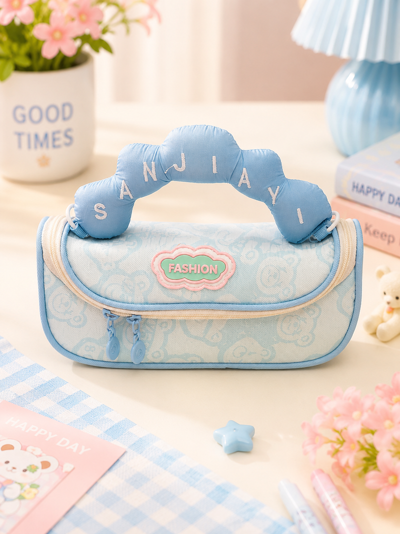 Cute Plush Handle Kids Pencil Pouch | Large Capacity Double Zipper Stationery Organizer for Girls & Boys