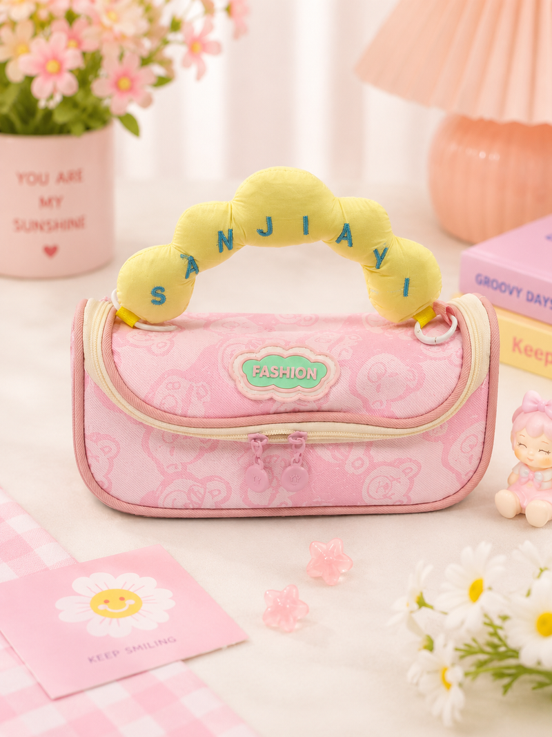 Cute Plush Handle Kids Pencil Pouch | Large Capacity Double Zipper Stationery Organizer for Girls & Boys