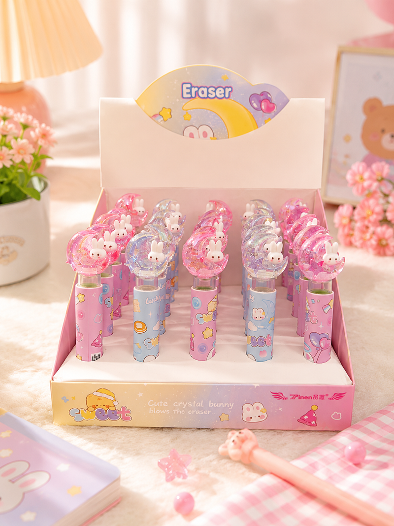 Cute Bunny Moon Glitter Eraser | Kawaii Cartoon Pencil Eraser for Kids | School Stationery & Return Gift