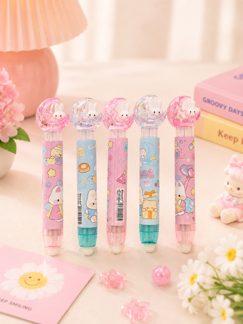 Cute Bunny Moon Glitter Eraser | Kawaii Cartoon Pencil Eraser for Kids | School Stationery & Return Gift