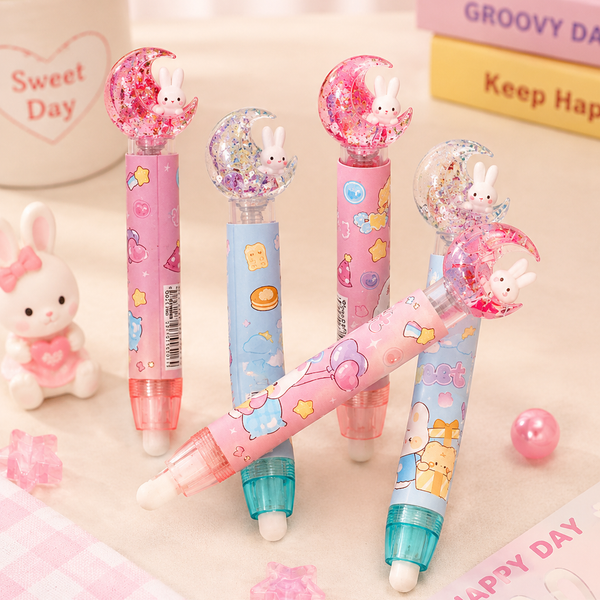 Cute Bunny Moon Glitter Eraser | Kawaii Cartoon Pencil Eraser for Kids | School Stationery & Return Gift