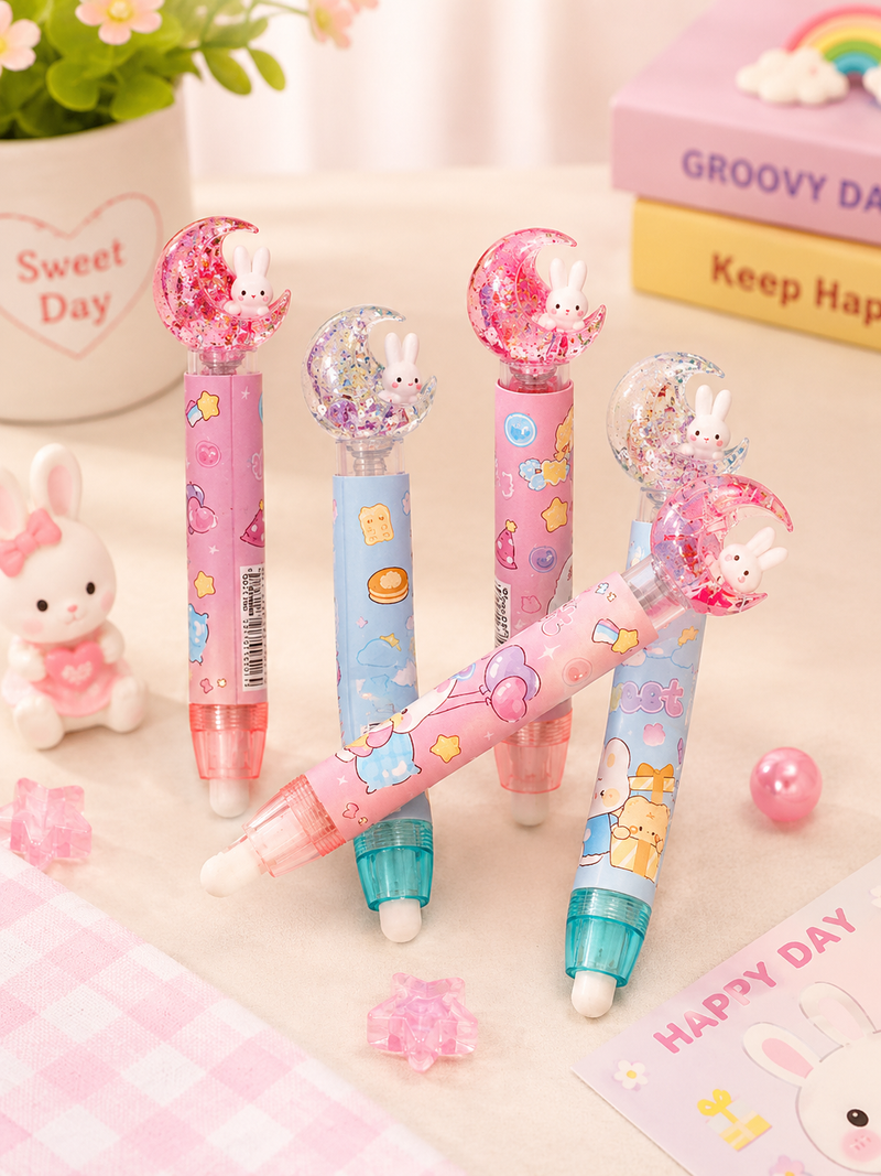 Cute Bunny Moon Glitter Eraser | Kawaii Cartoon Pencil Eraser for Kids | School Stationery & Return Gift