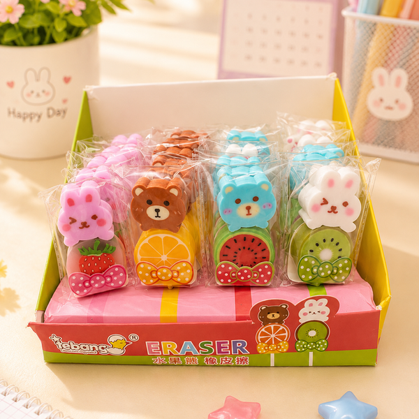 Cute Animal Fruit Eraser for Kids | Kawaii Cartoon Pencil Eraser