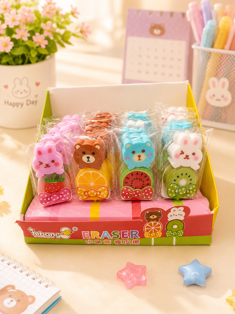 Cute Animal Fruit Eraser for Kids | Kawaii Cartoon Pencil Eraser