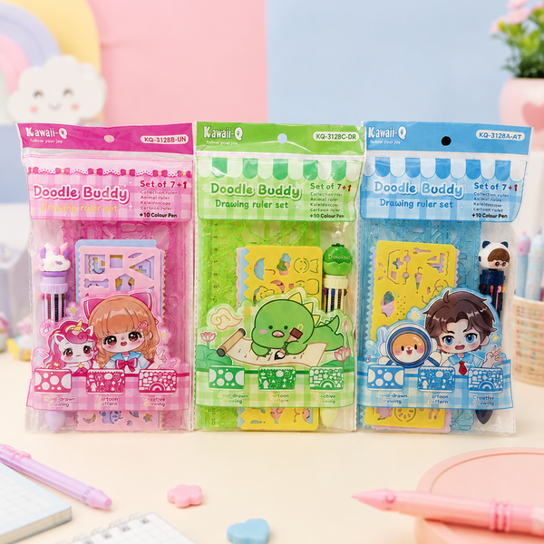 Kawaii Doodle Buddy 7+1 Drawing Ruler Set with 10 Color Pen | Creative Geometry & Stencil Kit for Kids