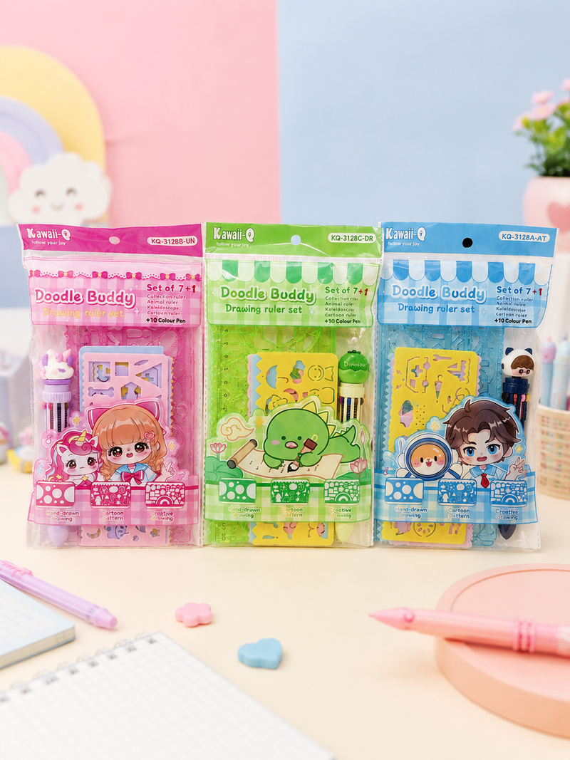 Kawaii Doodle Buddy 7+1 Drawing Ruler Set with 10 Color Pen | Creative Geometry & Stencil Kit for Kids