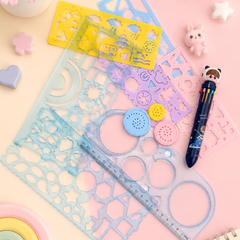 Kawaii Doodle Buddy 7+1 Drawing Ruler Set with 10 Color Pen | Creative Geometry & Stencil Kit for Kids