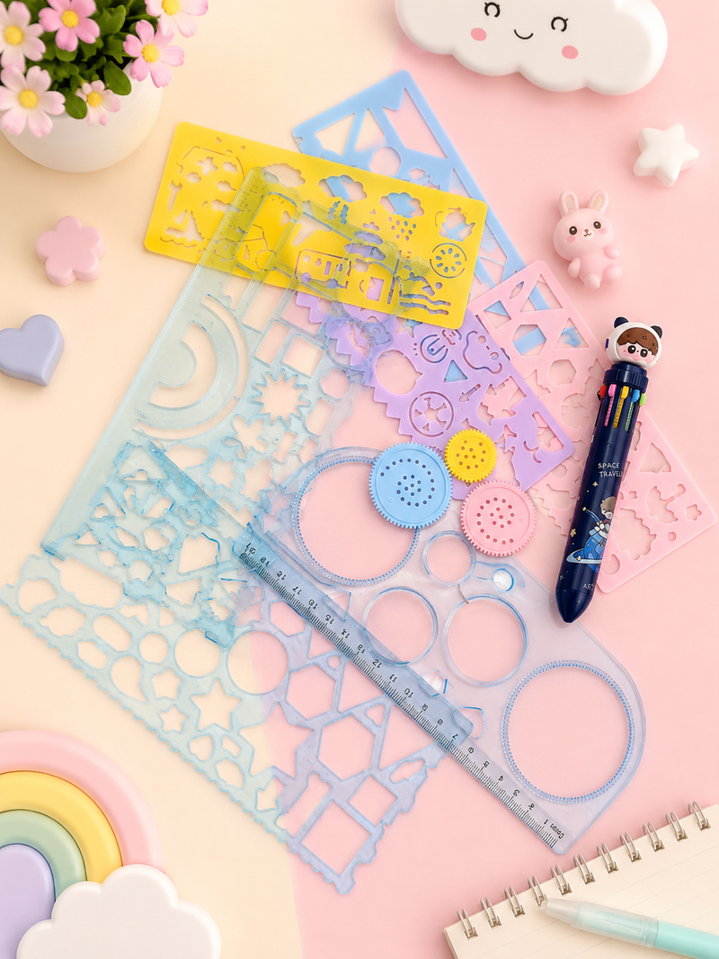 Kawaii Doodle Buddy 7+1 Drawing Ruler Set with 10 Color Pen | Creative Geometry & Stencil Kit for Kids
