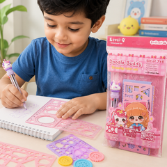 Kawaii Doodle Buddy 7+1 Drawing Ruler Set with 10 Color Pen | Creative Geometry & Stencil Kit for Kids