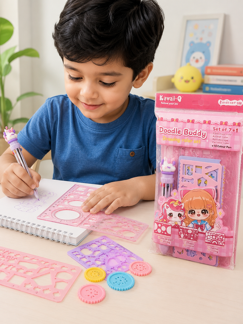 Kawaii Doodle Buddy 7+1 Drawing Ruler Set with 10 Color Pen | Creative Geometry & Stencil Kit for Kids
