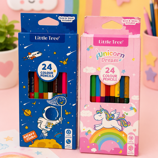 Little Tree 24 Colour Pencils Set for Kids – Smooth & Break Resistant Coloring Pencils | Galaxy Club & Unicorn Dream Design