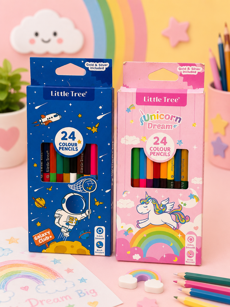 Little Tree 24 Colour Pencils Set for Kids – Smooth & Break Resistant Coloring Pencils | Galaxy Club & Unicorn Dream Design