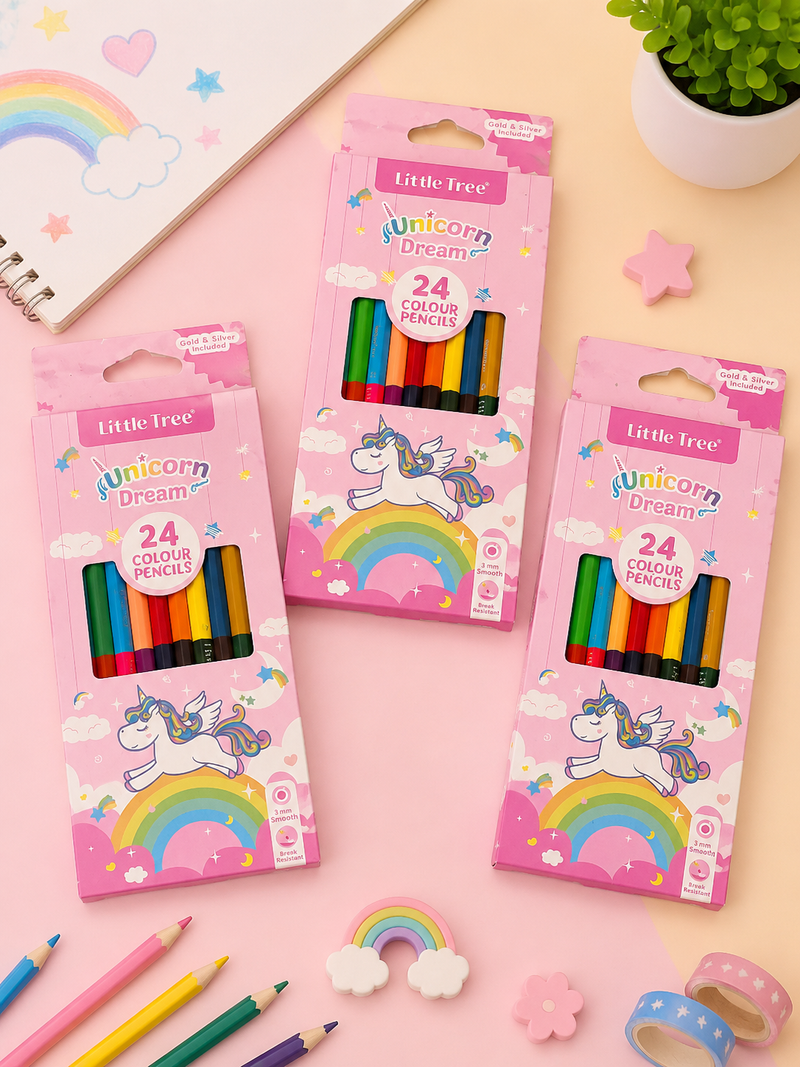 Little Tree 24 Colour Pencils Set for Kids – Smooth & Break Resistant Coloring Pencils | Galaxy Club & Unicorn Dream Design