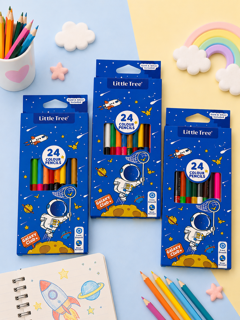 Little Tree 24 Colour Pencils Set for Kids – Smooth & Break Resistant Coloring Pencils | Galaxy Club & Unicorn Dream Design