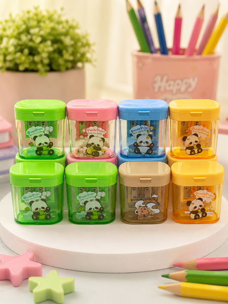 Cute Panda Double Hole Pencil Sharpener with Shavings Container | Kawaii Kids School Sharpener