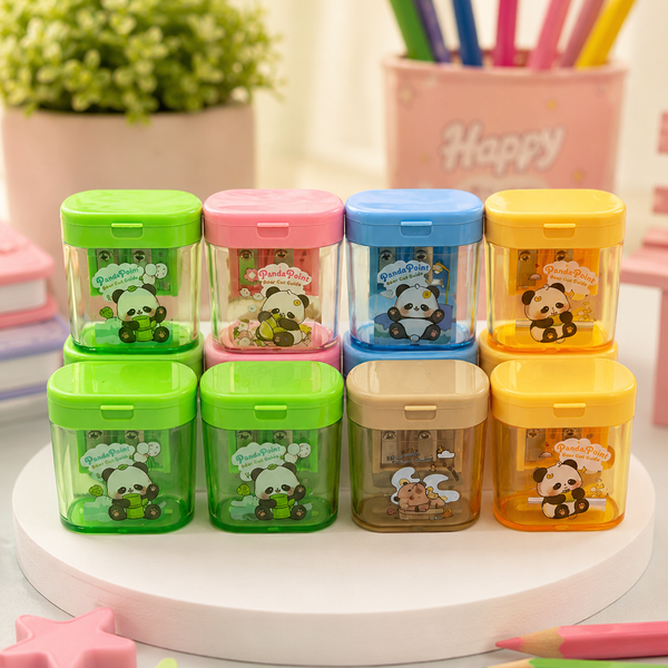 Cute Panda Double Hole Pencil Sharpener with Shavings Container | Kawaii Kids School Sharpener