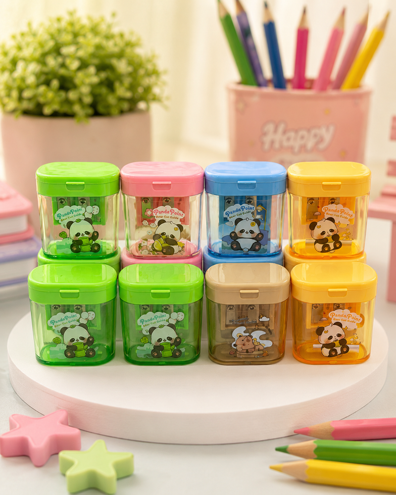 Cute Panda Double Hole Pencil Sharpener with Shavings Container | Kawaii Kids School Sharpener