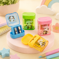 Cute Panda Double Hole Pencil Sharpener with Shavings Container | Kawaii Kids School Sharpener