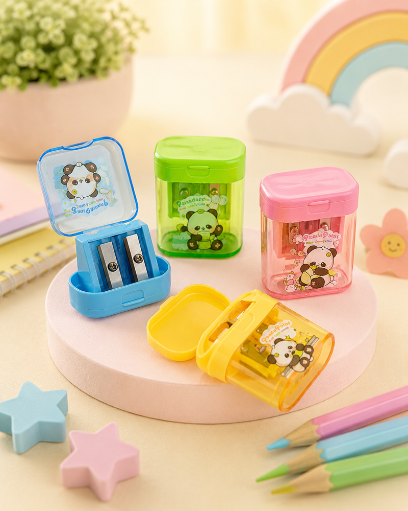 Cute Panda Double Hole Pencil Sharpener with Shavings Container | Kawaii Kids School Sharpener