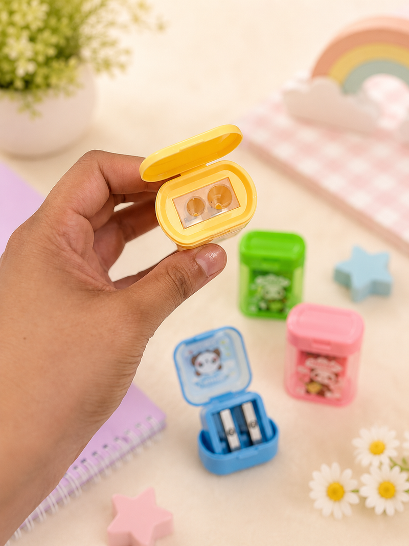 Cute Panda Double Hole Pencil Sharpener with Shavings Container | Kawaii Kids School Sharpener