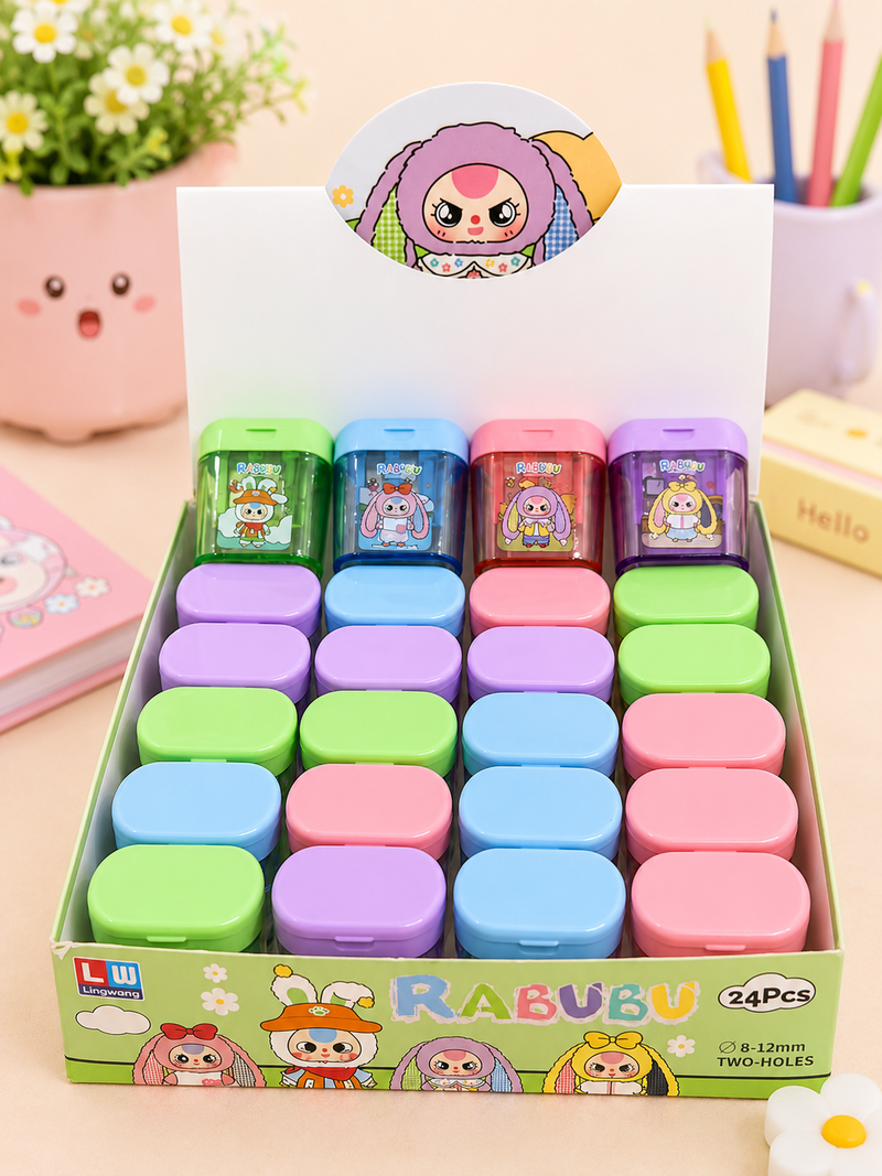 Cute Rabubu Cartoon Double Hole Pencil Sharpener with Storage Box | Kids Pencil Sharpener Container | School Stationery