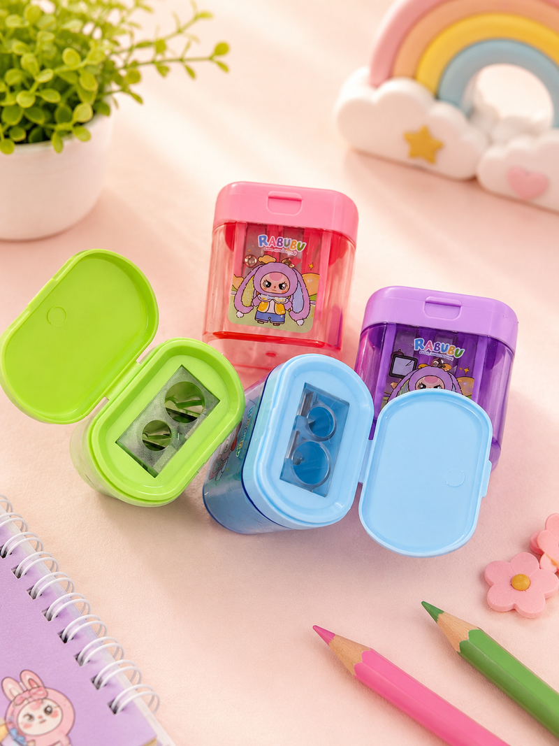 Cute Rabubu Cartoon Double Hole Pencil Sharpener with Storage Box | Kids Pencil Sharpener Container | School Stationery