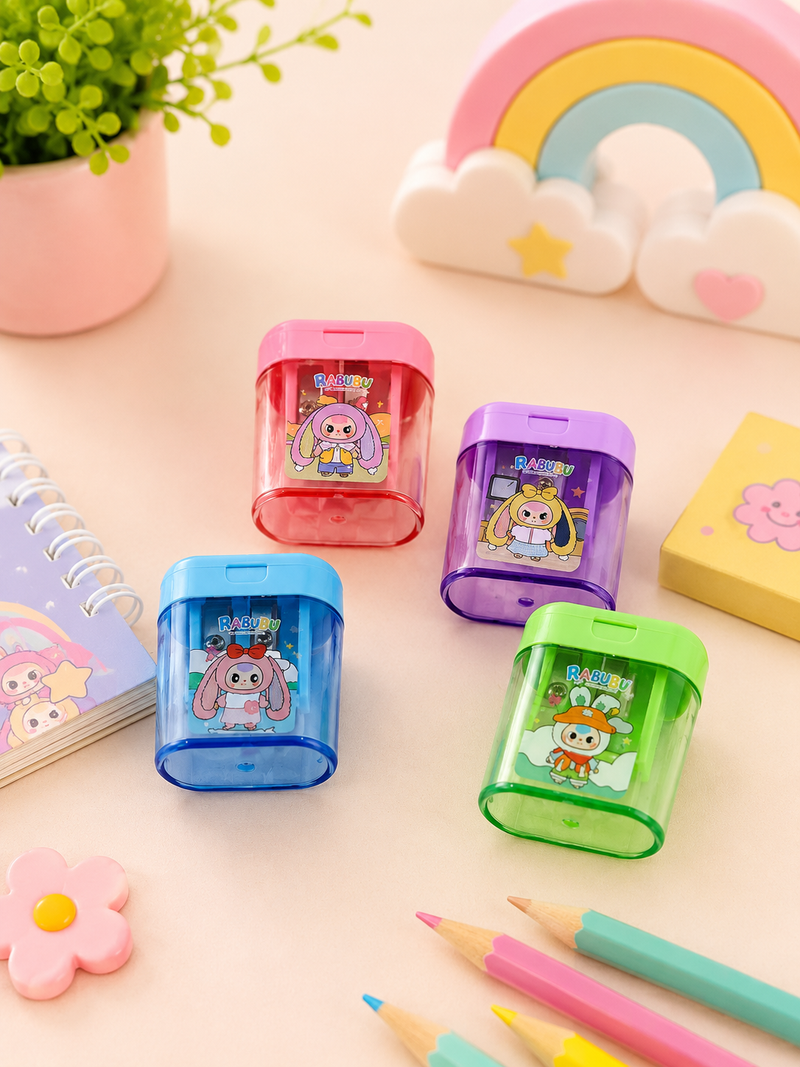 Cute Rabubu Cartoon Double Hole Pencil Sharpener with Storage Box | Kids Pencil Sharpener Container | School Stationery