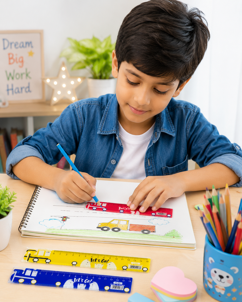Cute Bus Design Plastic Ruler for Kids | School Scale | Cartoon Stationery