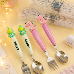 Cute Cartoon Kids Stainless Steel Spoon & Fork Set | Animal Theme Baby Feeding Cutlery | BPA-Free | Toddler Self Feeding Utensils