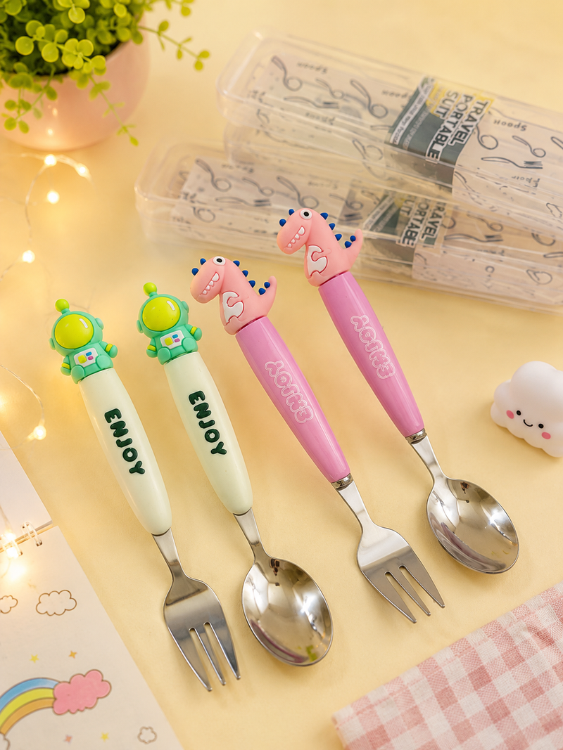 Cute Cartoon Kids Stainless Steel Spoon & Fork Set | Animal Theme Baby Feeding Cutlery | BPA-Free | Toddler Self Feeding Utensils