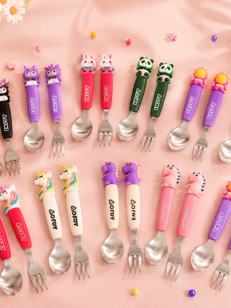 Cute Cartoon Kids Stainless Steel Spoon & Fork Set | Animal Theme Baby Feeding Cutlery | BPA-Free | Toddler Self Feeding Utensils