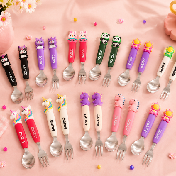 Cute Cartoon Kids Stainless Steel Spoon & Fork Set | Animal Theme Baby Feeding Cutlery | BPA-Free | Toddler Self Feeding Utensils