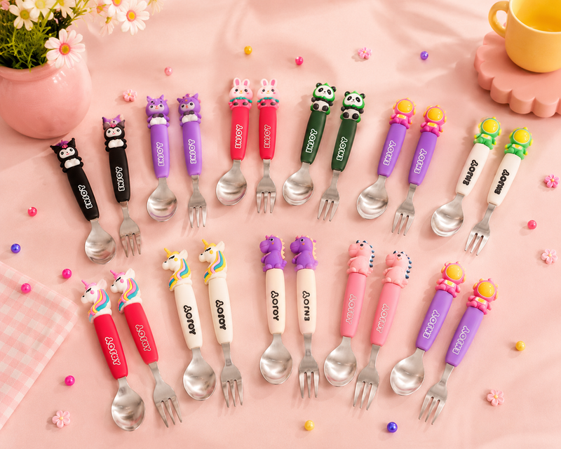 Cute Cartoon Kids Stainless Steel Spoon & Fork Set | Animal Theme Baby Feeding Cutlery | BPA-Free | Toddler Self Feeding Utensils