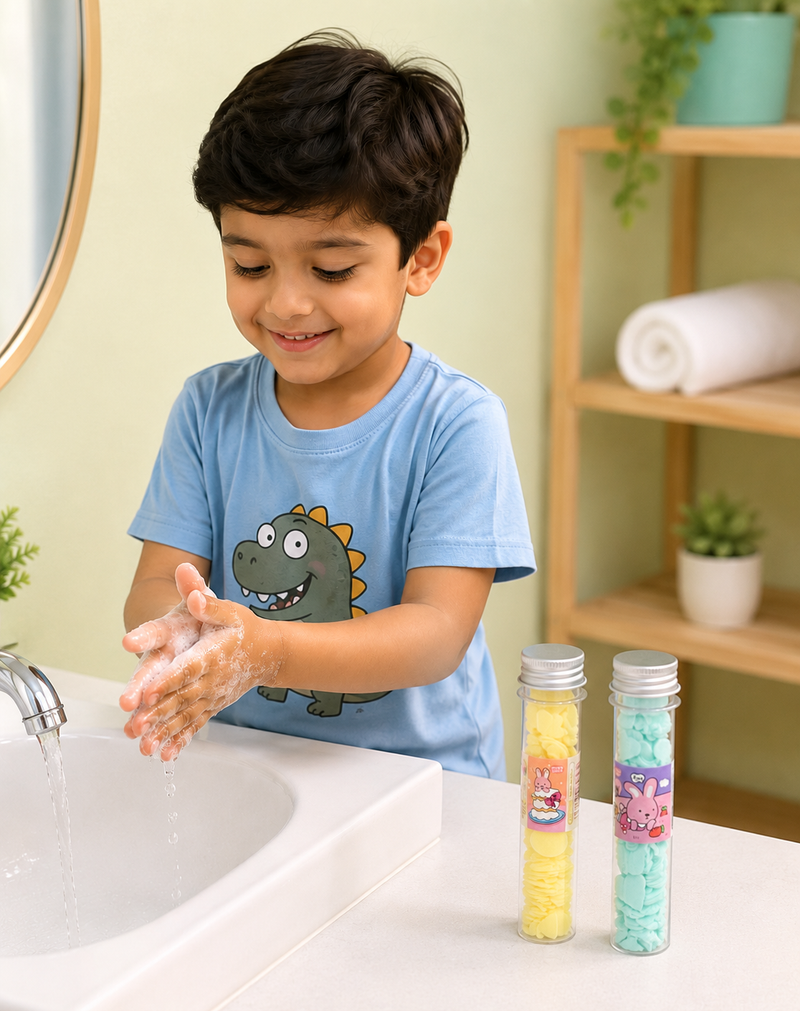Cute Bunny Mini Paper Soap Sheets Tube – Portable Travel Hand Wash Soap Strips for Kids | 1 Tube