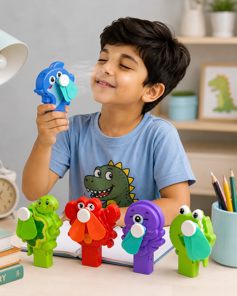 Kids Cartoon Mini Handheld Fan – Cute Animal Portable Hand Fan for Children | Battery Operated Cooling Fan